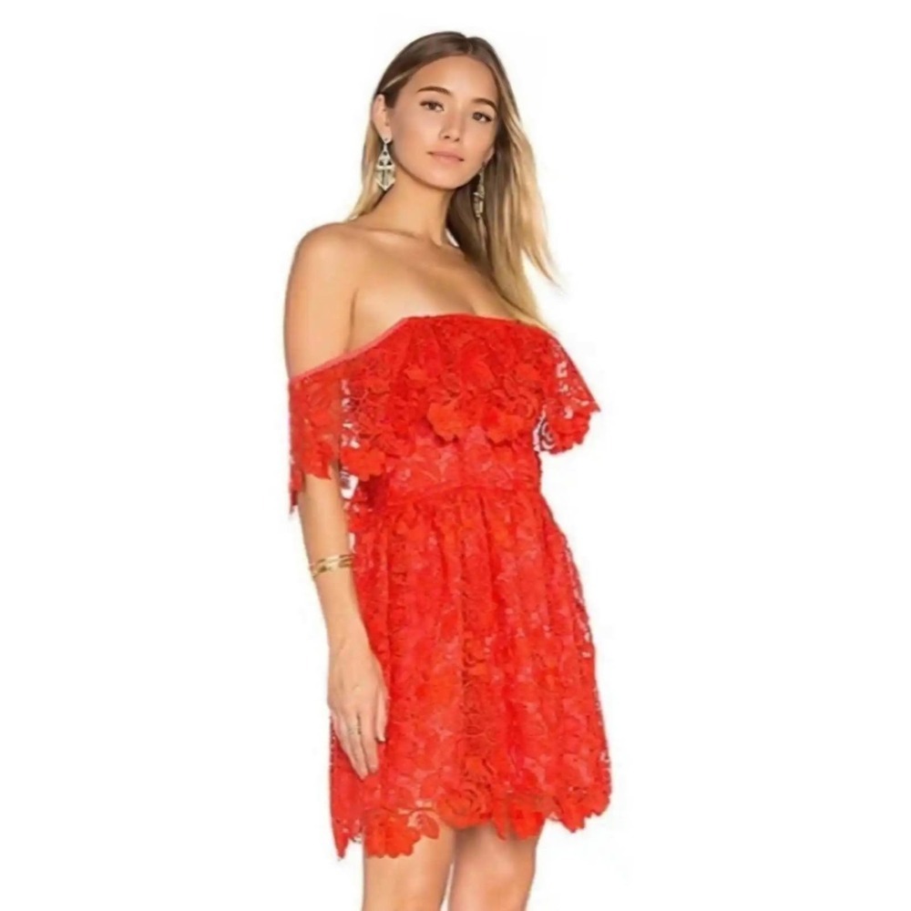 NEW Lovers + Friends Dream Vacay Off Shoulder Red Lace Mini Dress Women’s S ^